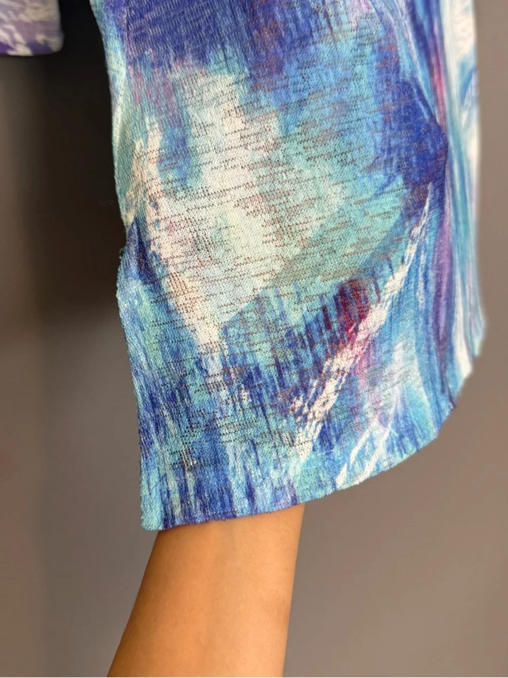 Jess & Jane Abstract Print Knit Coverup Top Blue Purple Short Sleeve Small - Picture 3 of 7